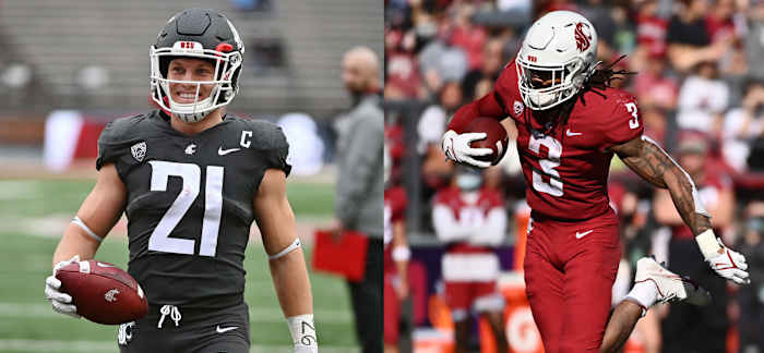 Washington State running backs Max Borghi (21) and Deon McIntosh (3).